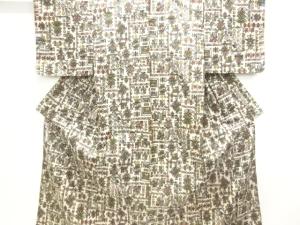 アンティーク　抽象草花模様織り出し銘仙着物